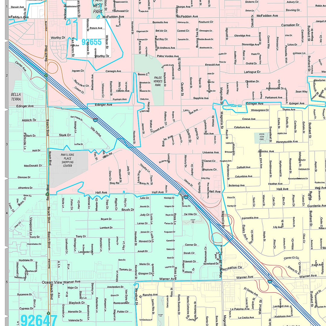 Premium Style Wall Map of Fountain Valley, CA