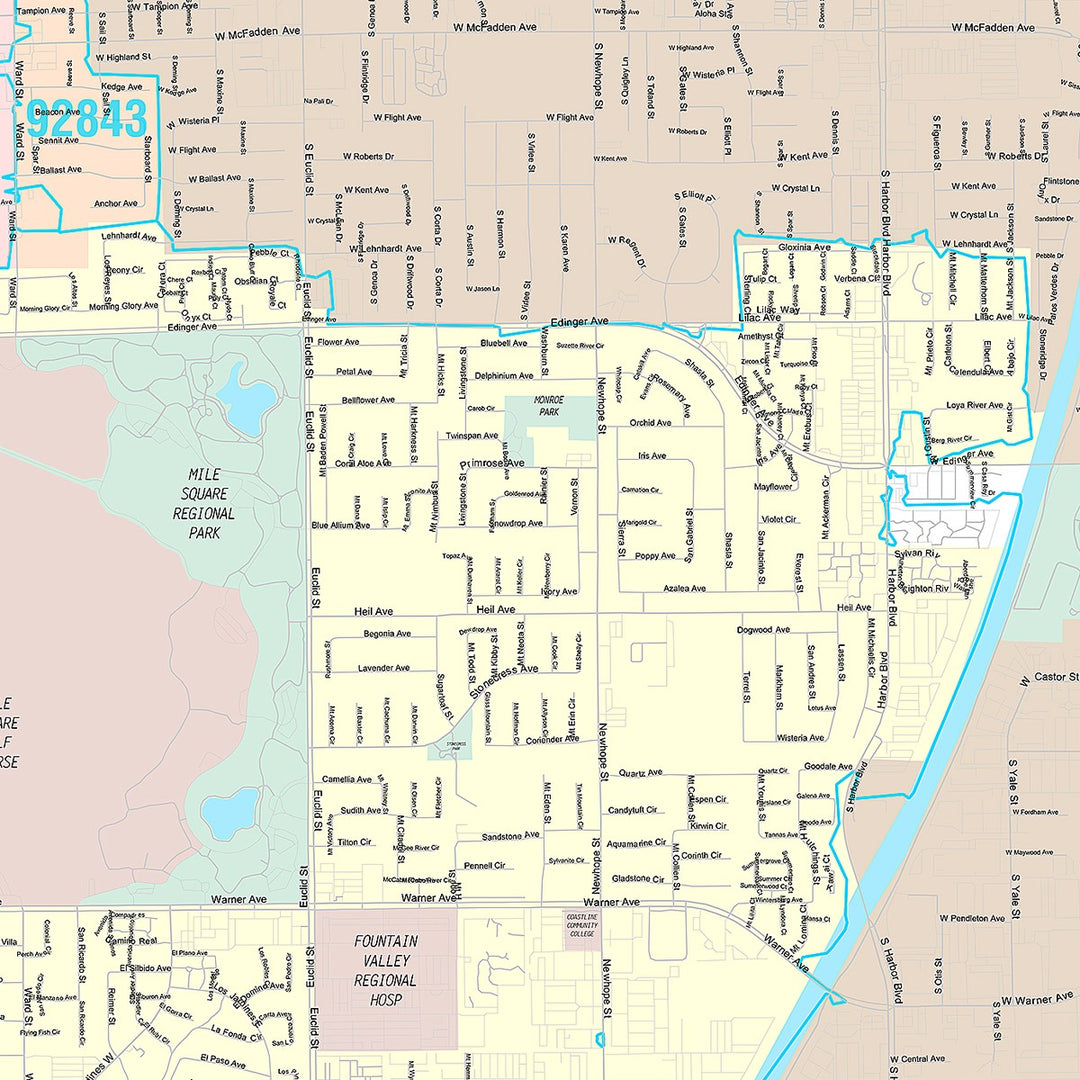 Premium Style Wall Map of Fountain Valley, CA