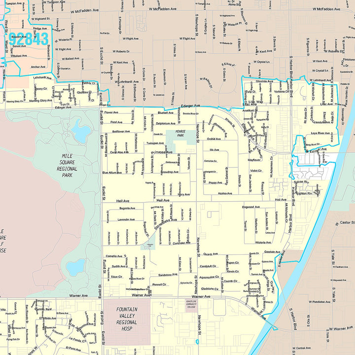 Premium Style Wall Map of Fountain Valley, CA