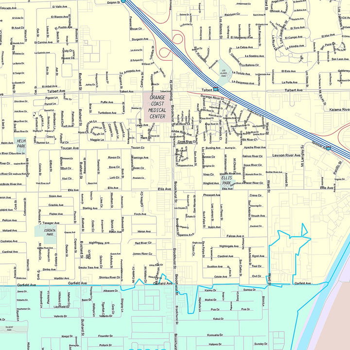 Premium Style Wall Map of Fountain Valley, CA