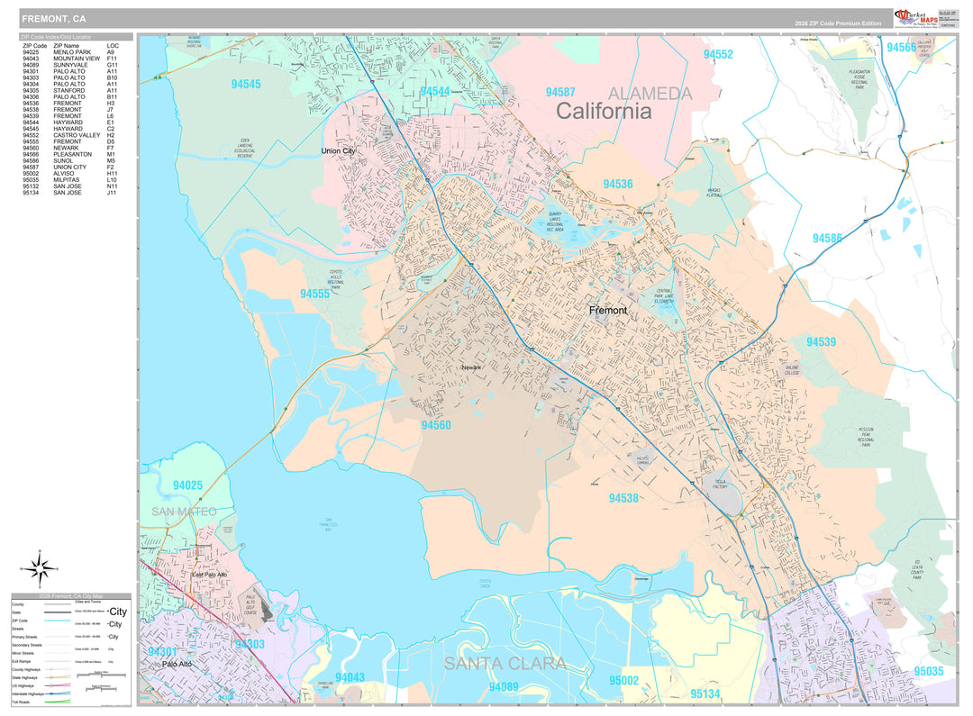 Premium Style Wall Map of Fremont CA