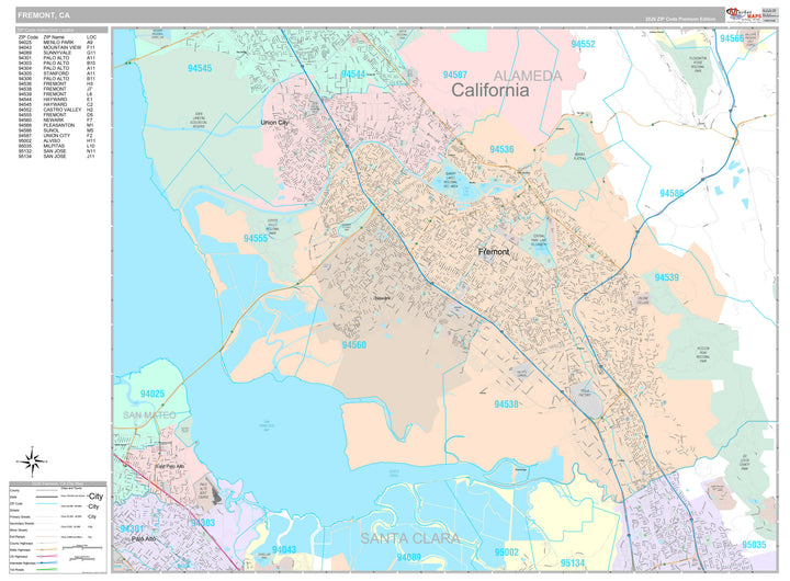 Premium Style Wall Map of Fremont CA