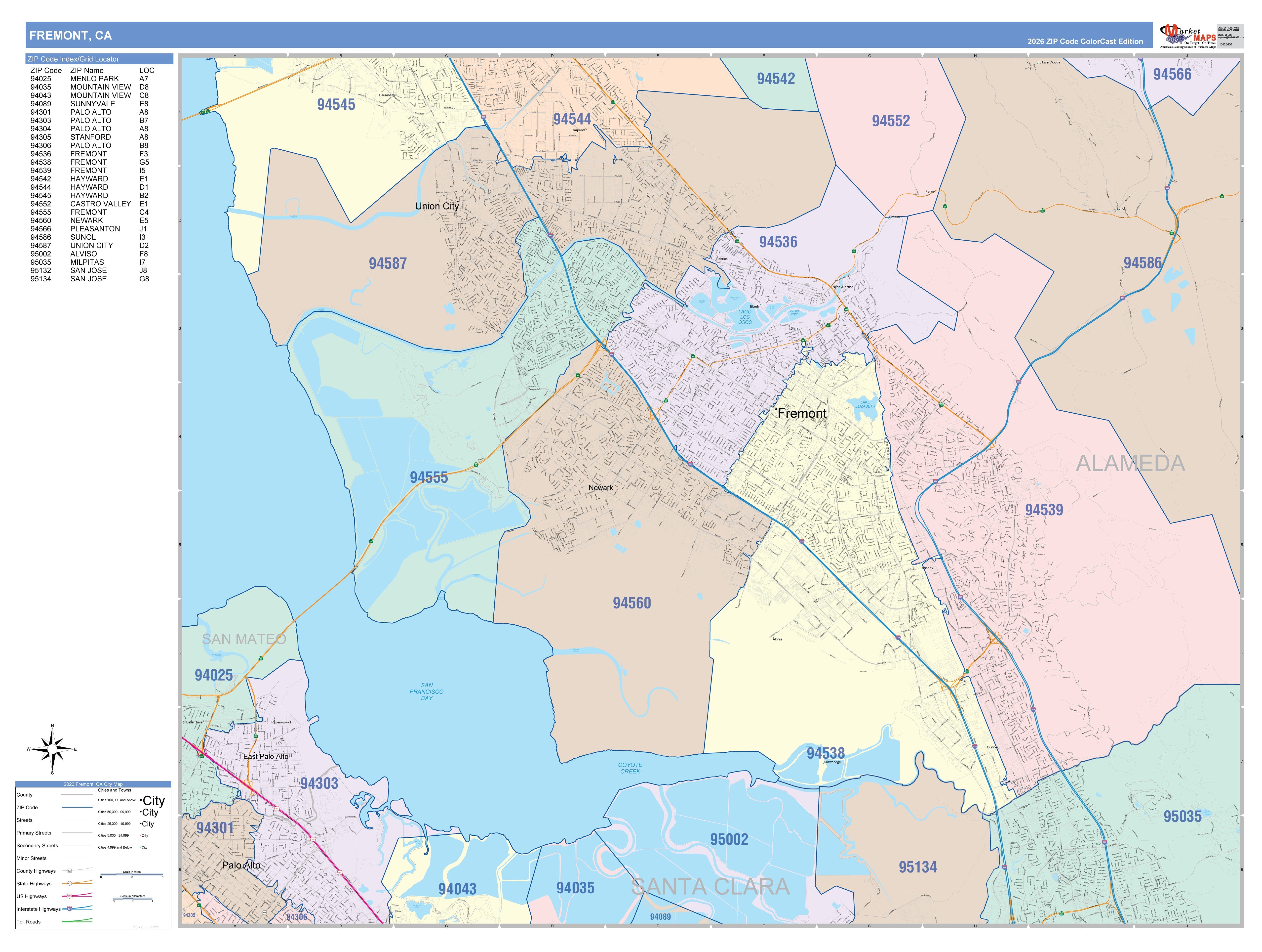 Colorcast Zip Code Style Wall Map of Fremont, CA – American Map Store