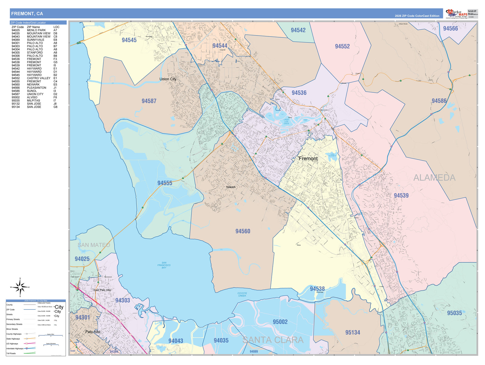 Colorcast Zip Code Style Wall Map of Fremont CA