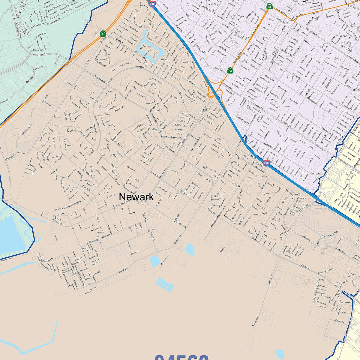 Colorcast Zip Code Style Wall Map of Fremont CA