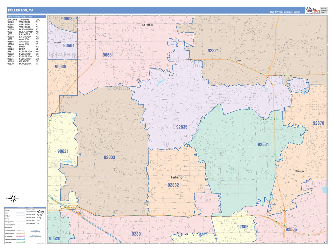 Color Cast Zip Code Style Wall Map of Fullerton, CA