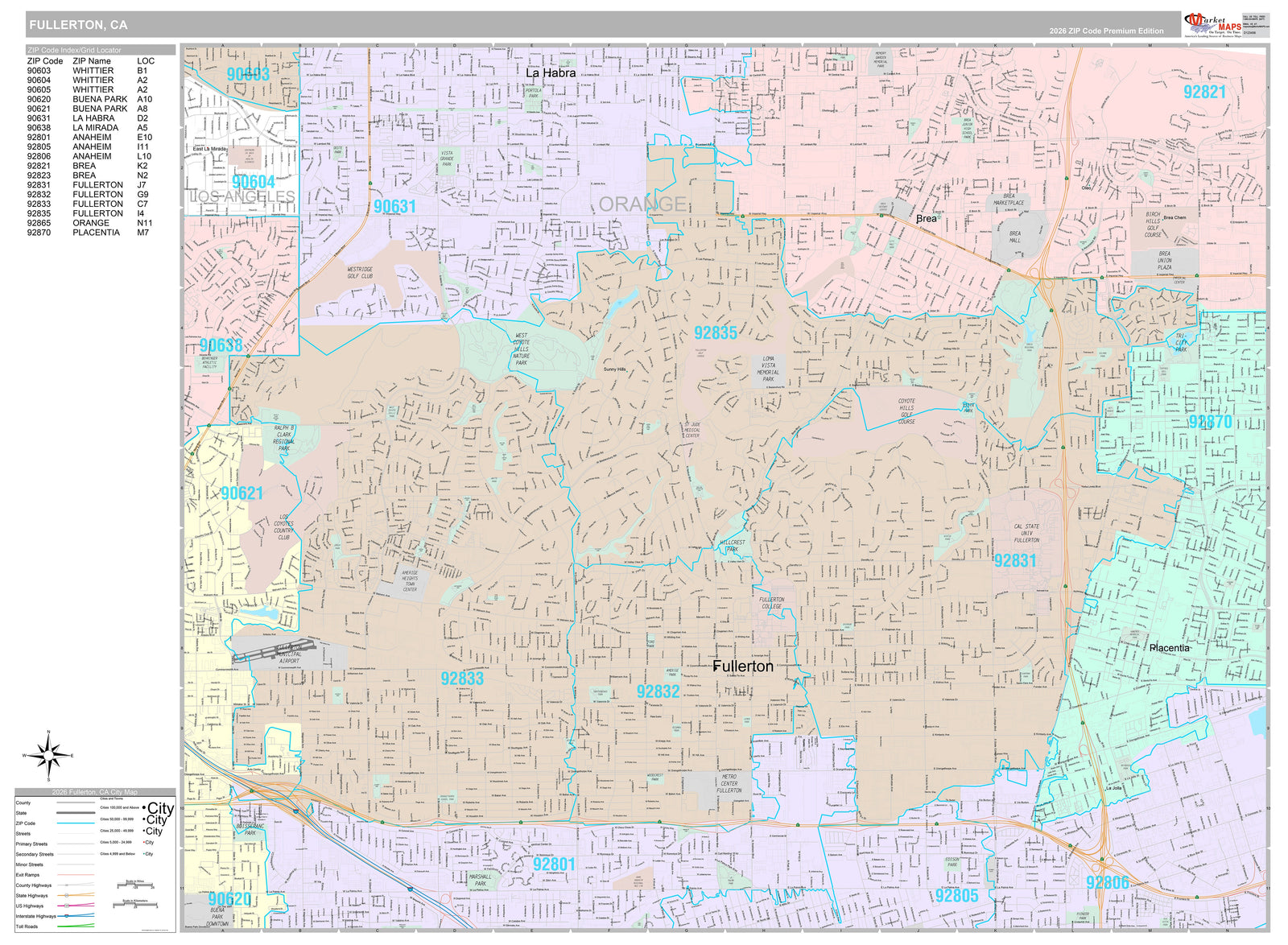 Premium Style Wall Map of Fullerton, CA