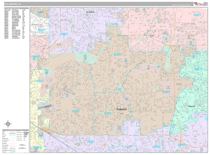 Premium Style Wall Map of Fullerton, CA