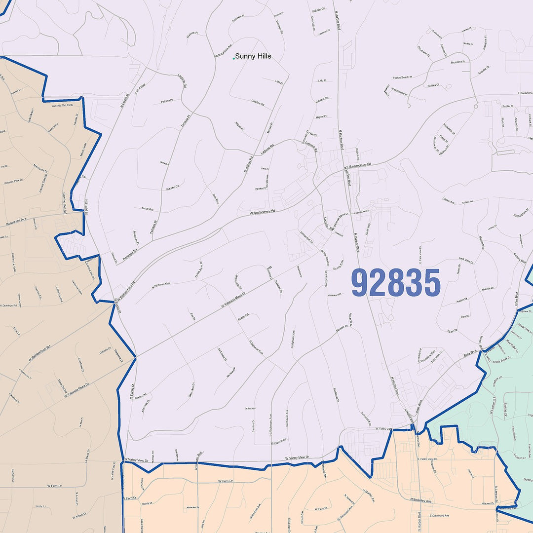 Color Cast Zip Code Style Wall Map of Fullerton, CA
