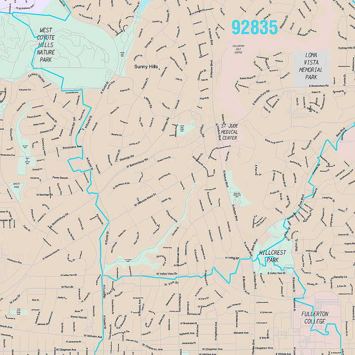 Premium Style Wall Map of Fullerton, CA