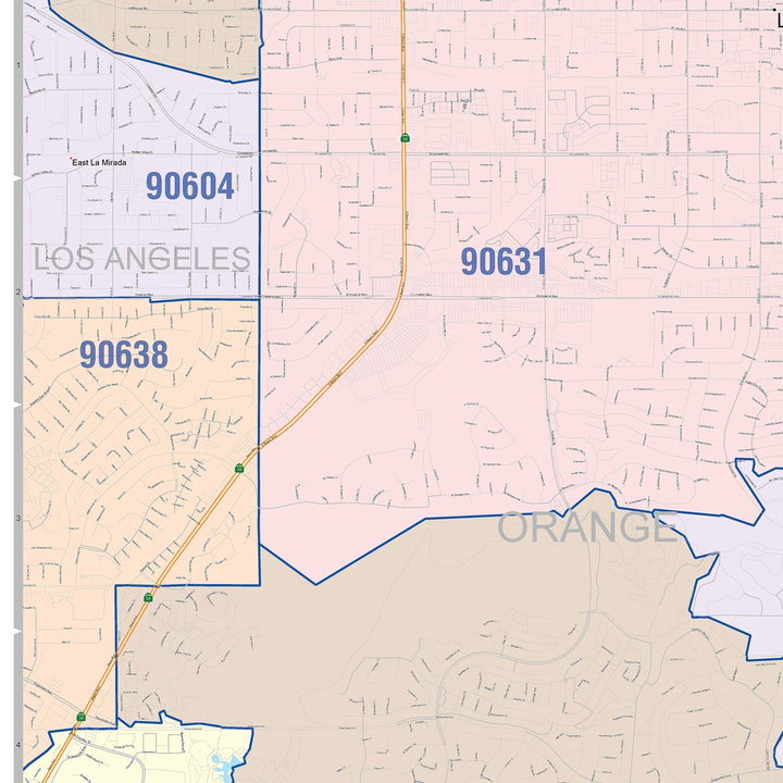 Color Cast Zip Code Style Wall Map of Fullerton, CA