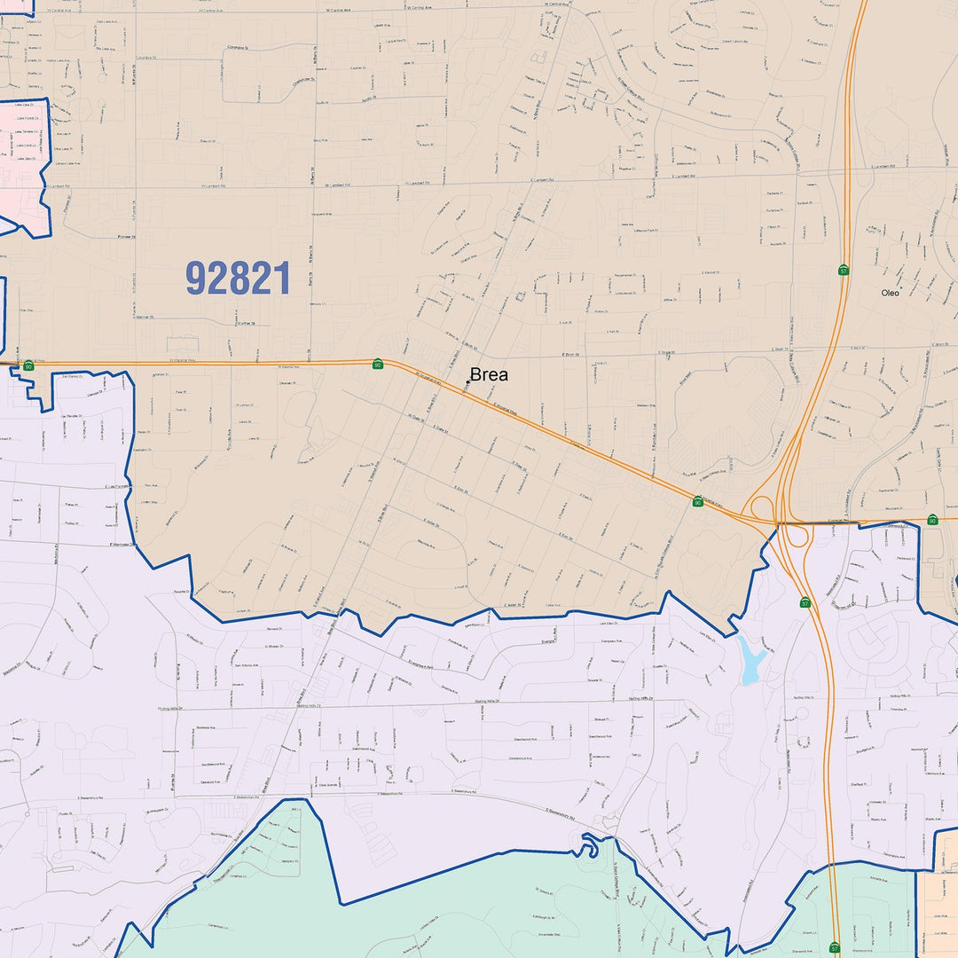 Color Cast Zip Code Style Wall Map of Fullerton, CA