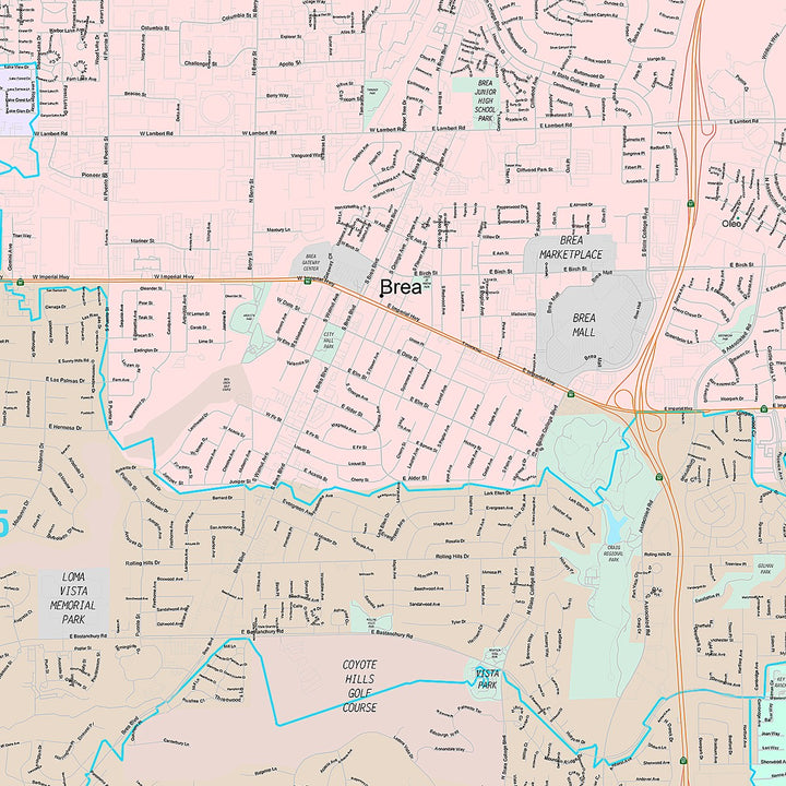 Premium Style Wall Map of Fullerton, CA