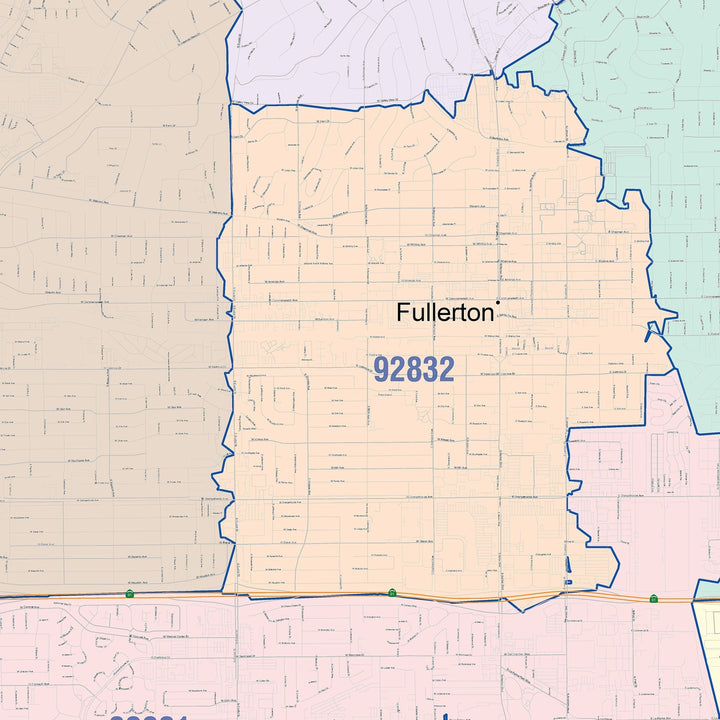 Color Cast Zip Code Style Wall Map of Fullerton, CA