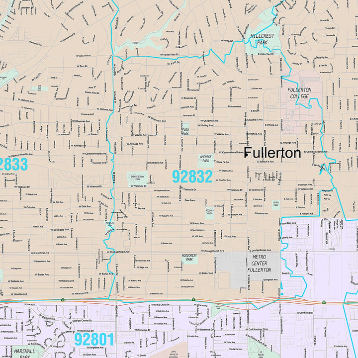 Premium Style Wall Map of Fullerton, CA