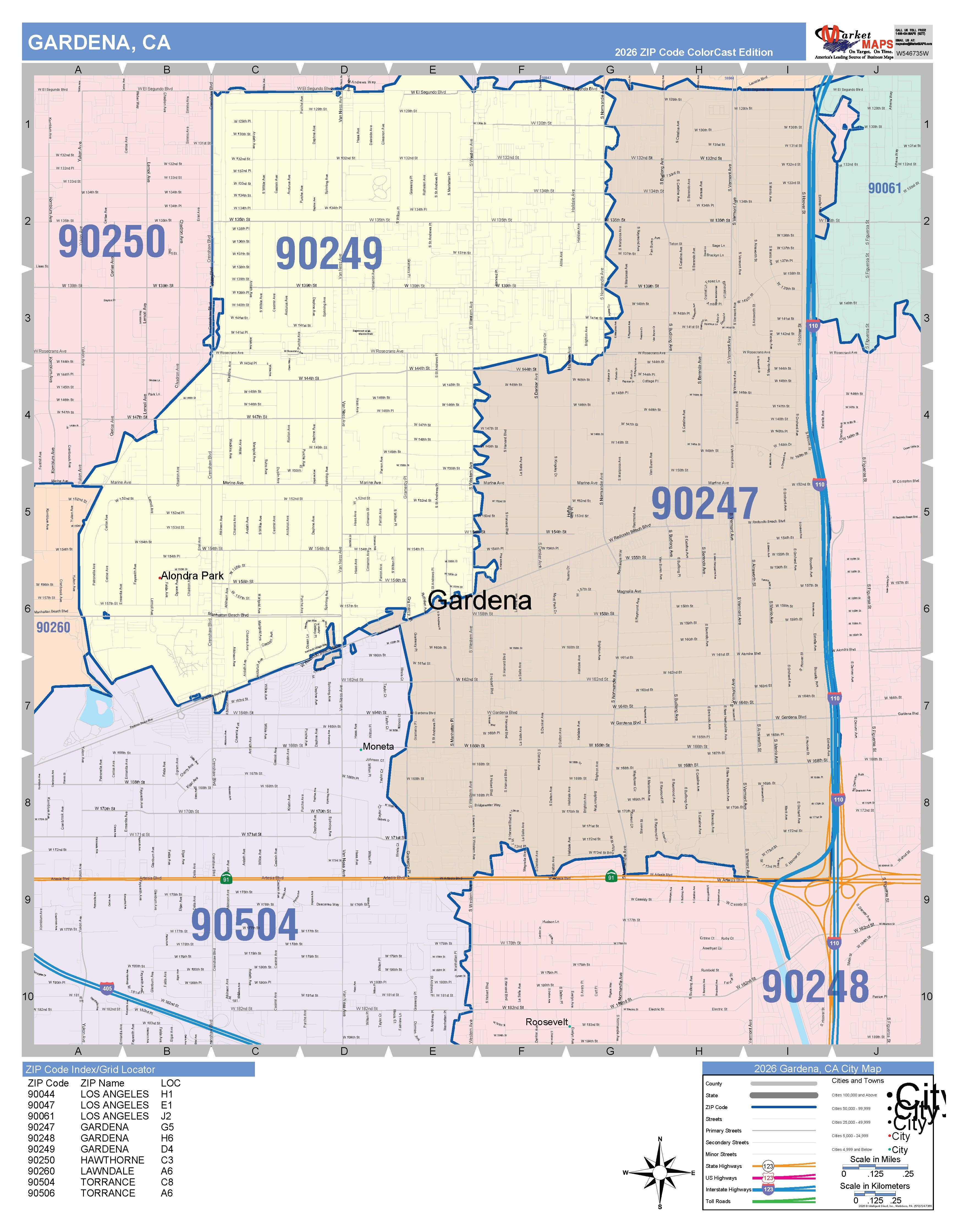Color Cast Zip Code Style Wall Map of Gardena, CA – American Map Store