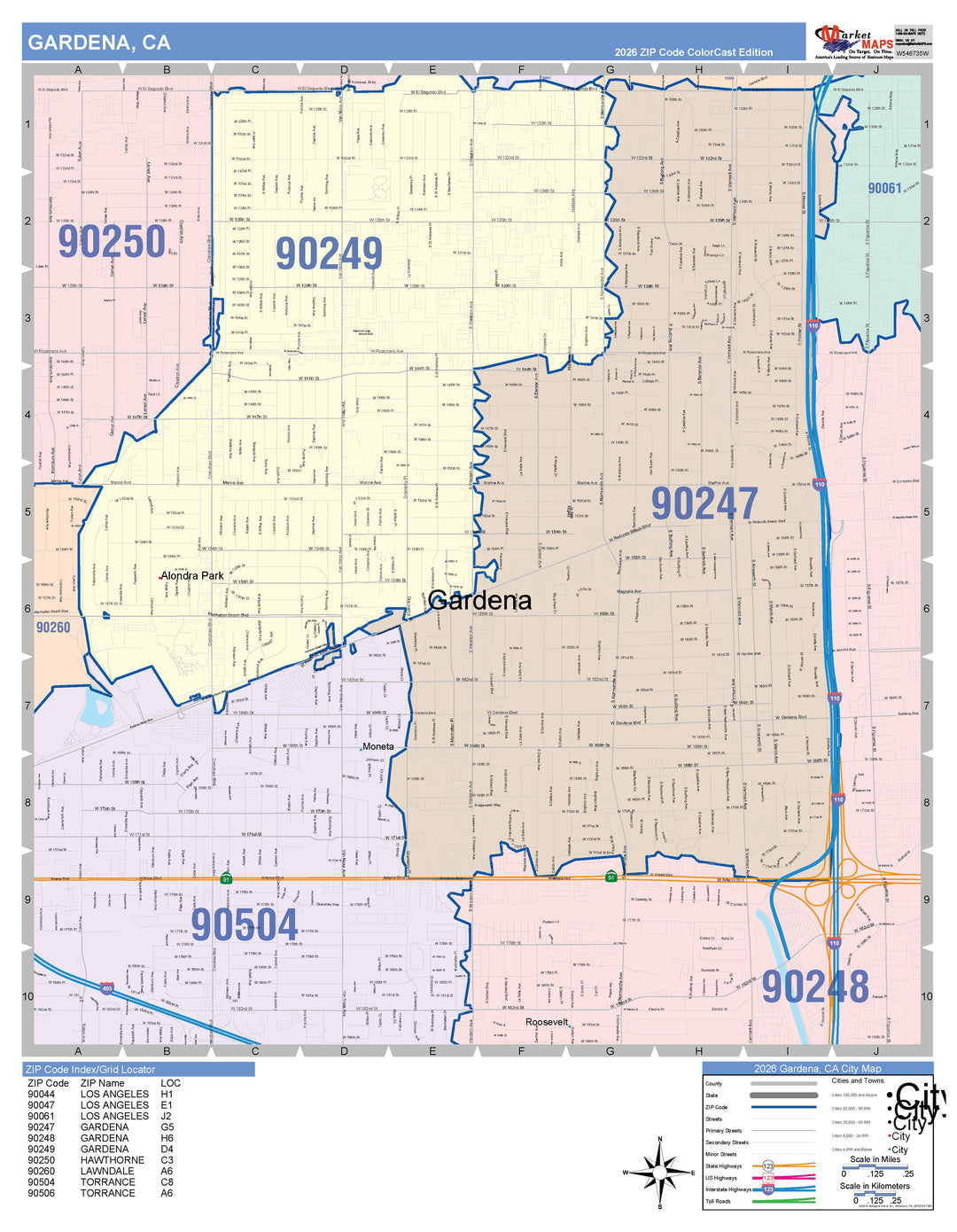 Color Cast Zip Code Style Wall Map of Gardena, CA