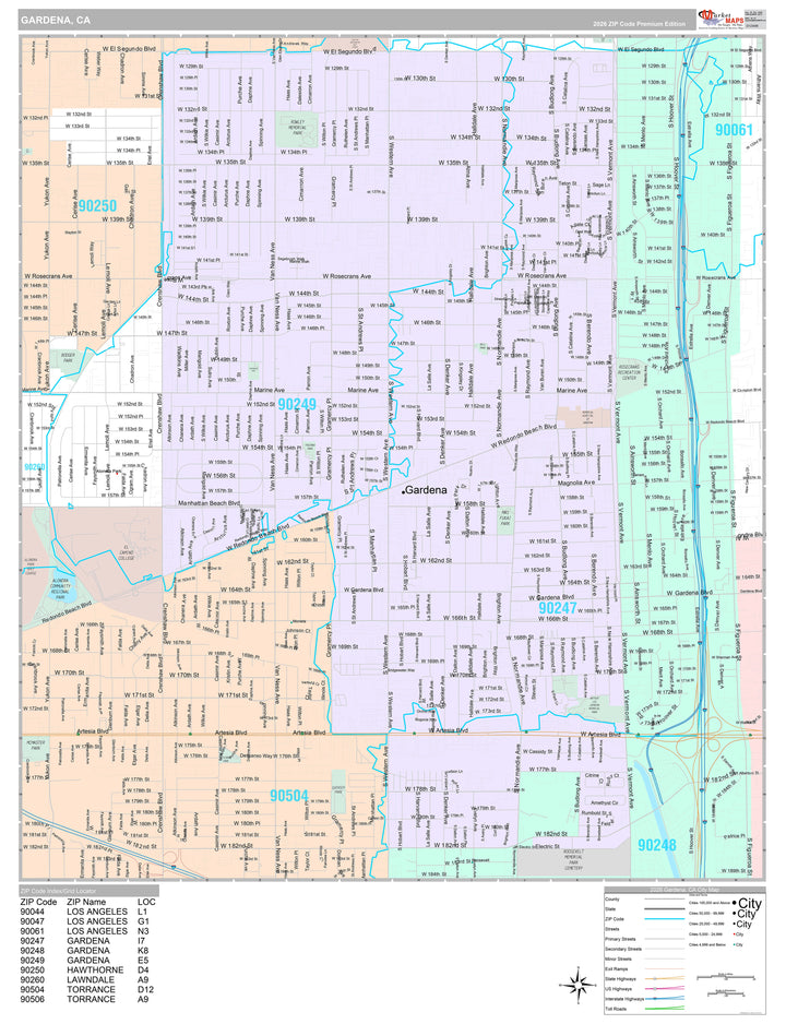 Premium Style Wall Map of Gardena, CA