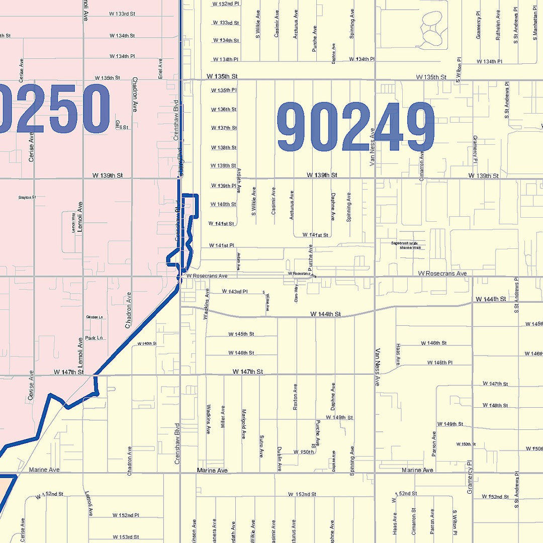 Color Cast Zip Code Style Wall Map of Gardena, CA