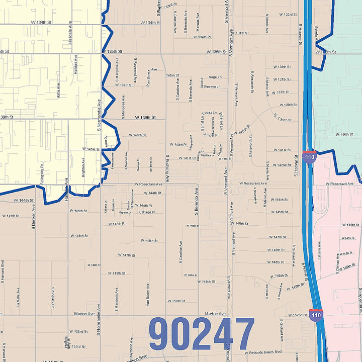 Color Cast Zip Code Style Wall Map of Gardena, CA