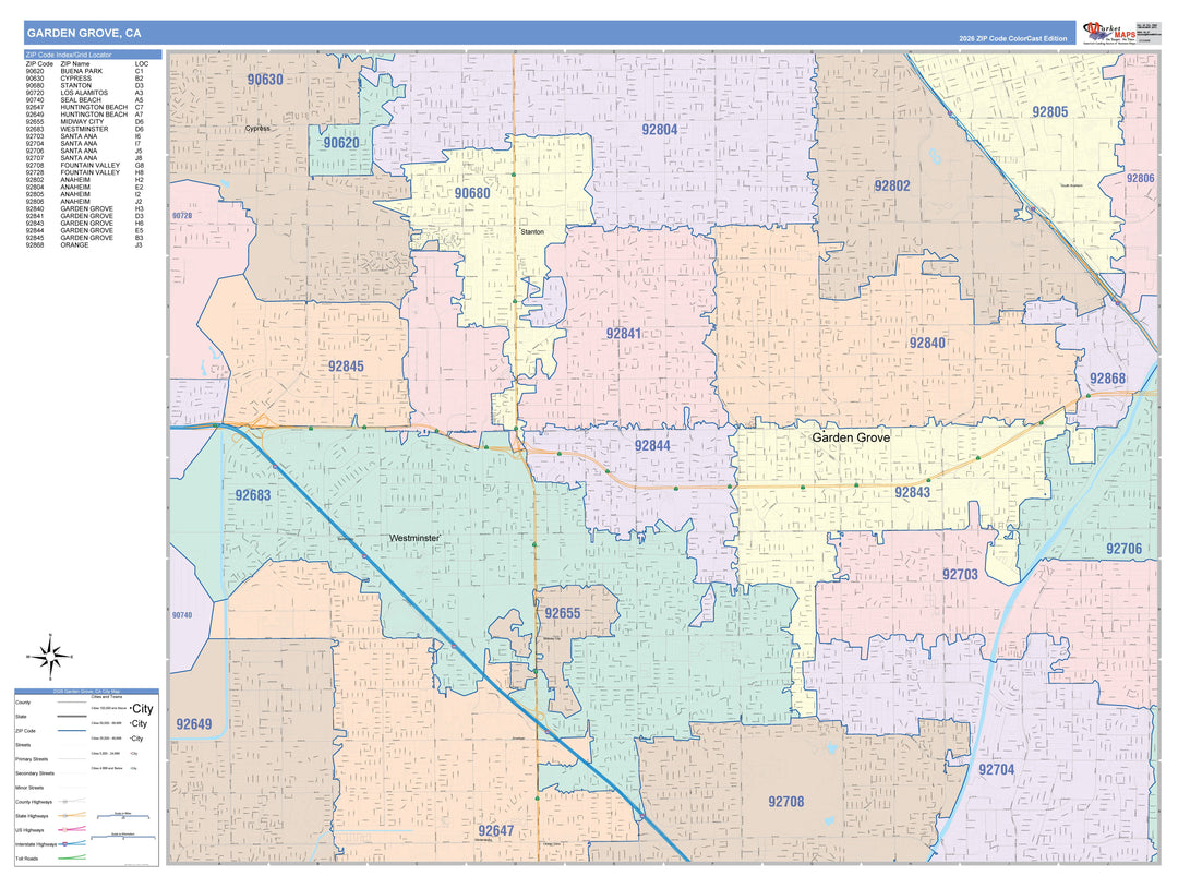 Color Cast Zip Code Style Wall Map of Garden Grove, CA