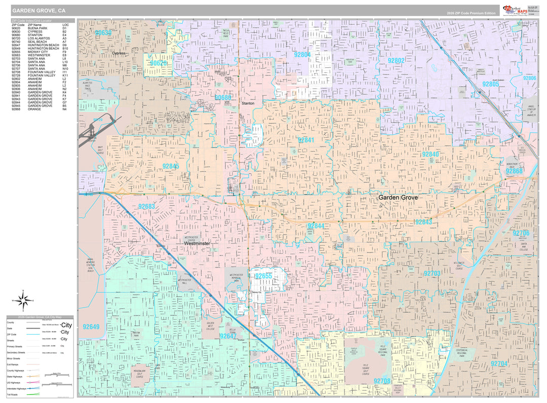 Premium Style Wall Map of Garden Grove, CA