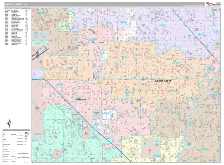 Premium Style Wall Map of Garden Grove, CA
