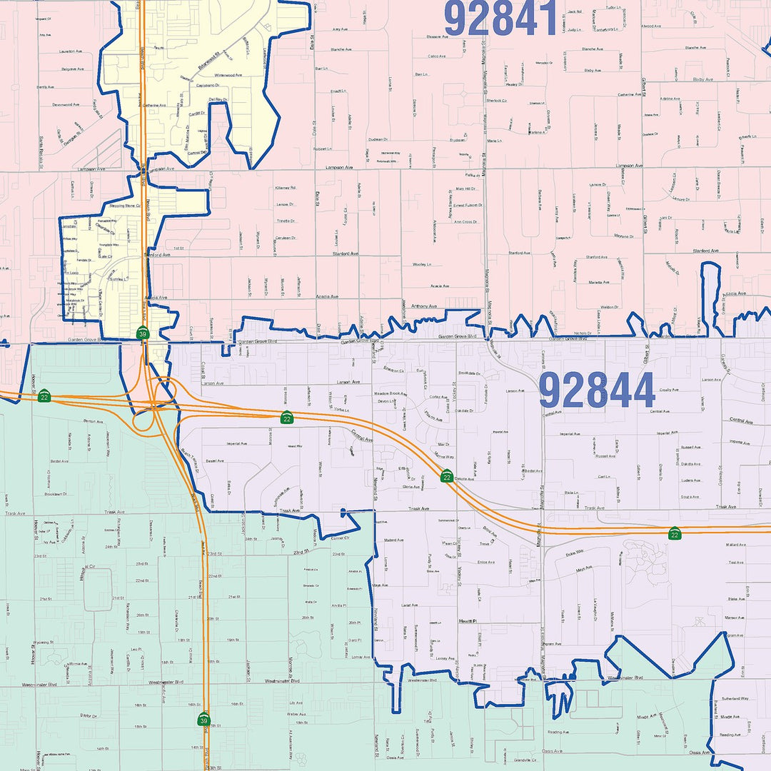 Color Cast Zip Code Style Wall Map of Garden Grove, CA