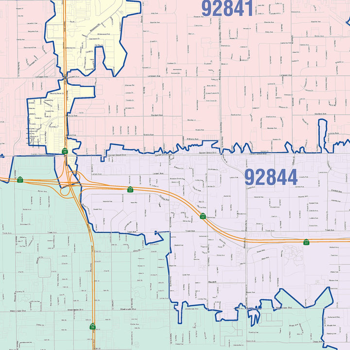 Color Cast Zip Code Style Wall Map of Garden Grove, CA