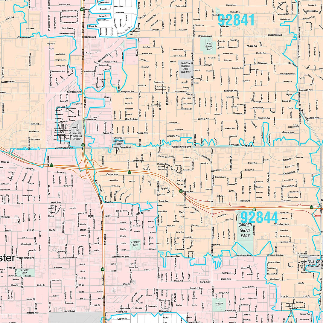 Premium Style Wall Map of Garden Grove, CA