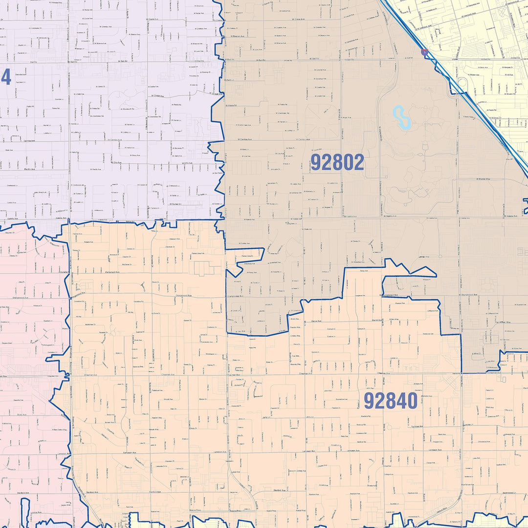Color Cast Zip Code Style Wall Map of Garden Grove, CA