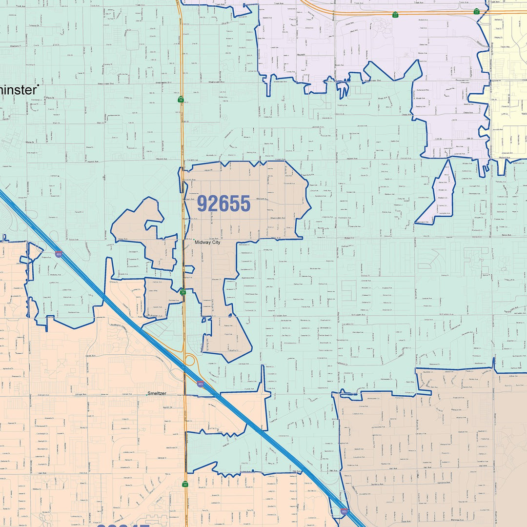 Color Cast Zip Code Style Wall Map of Garden Grove, CA