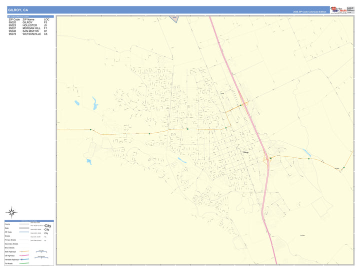 Color Cast Zip Code Style Wall Map of Gilroy, CA