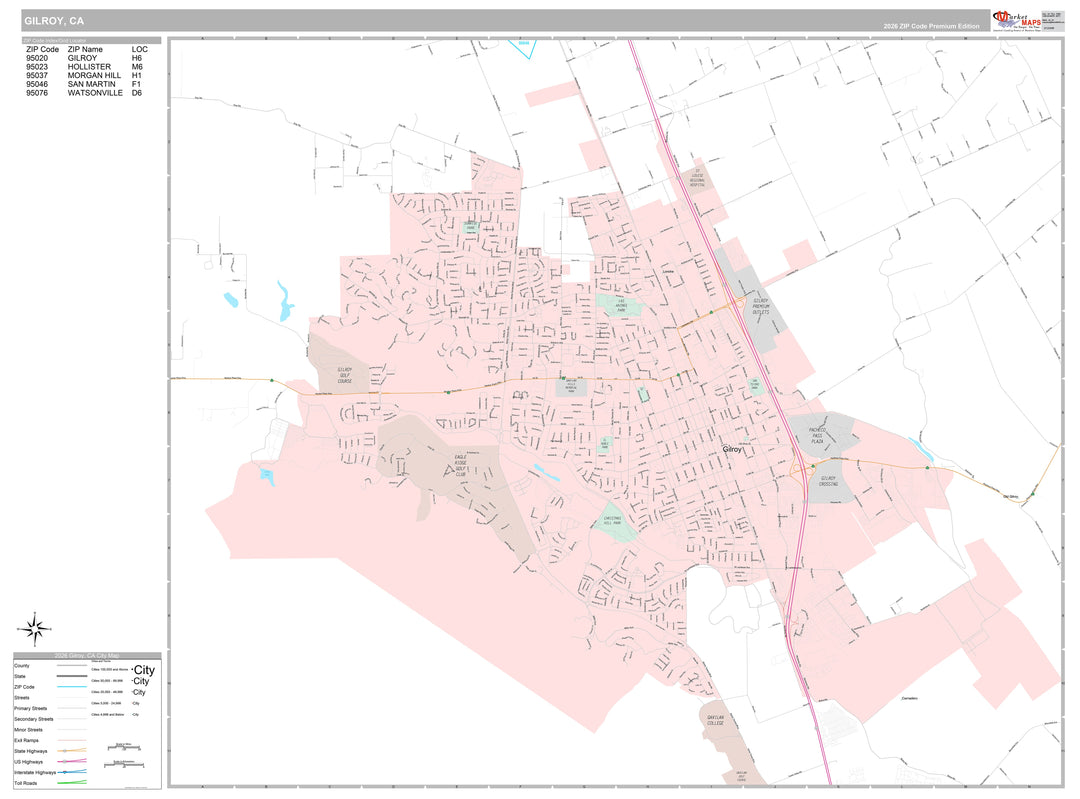 Premium Style Wall Map of Gilroy, CA