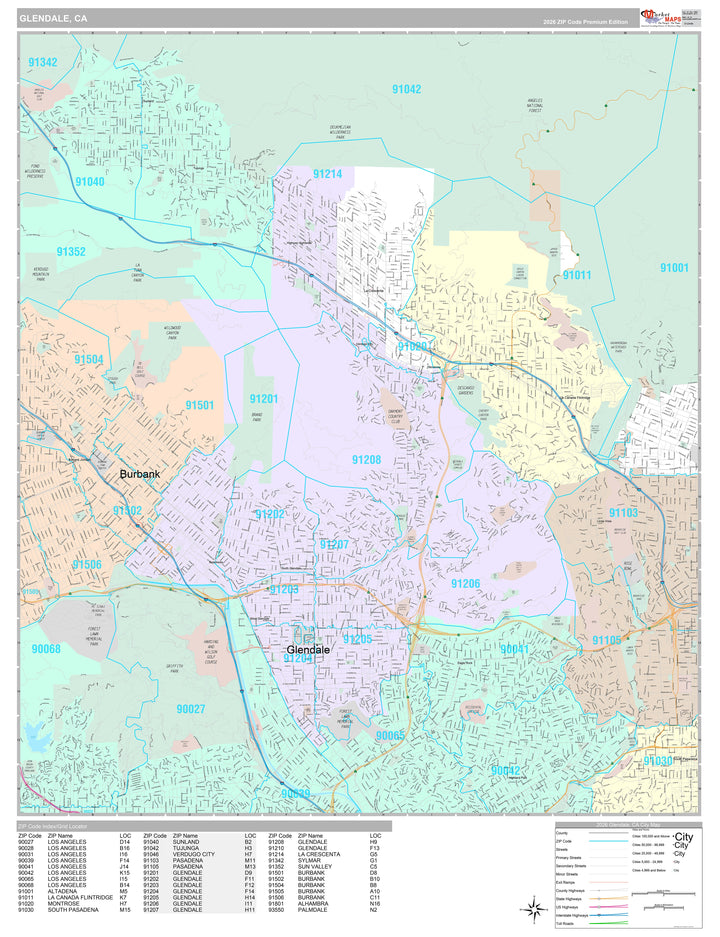 Premium Style Wall Map of Glendale CA