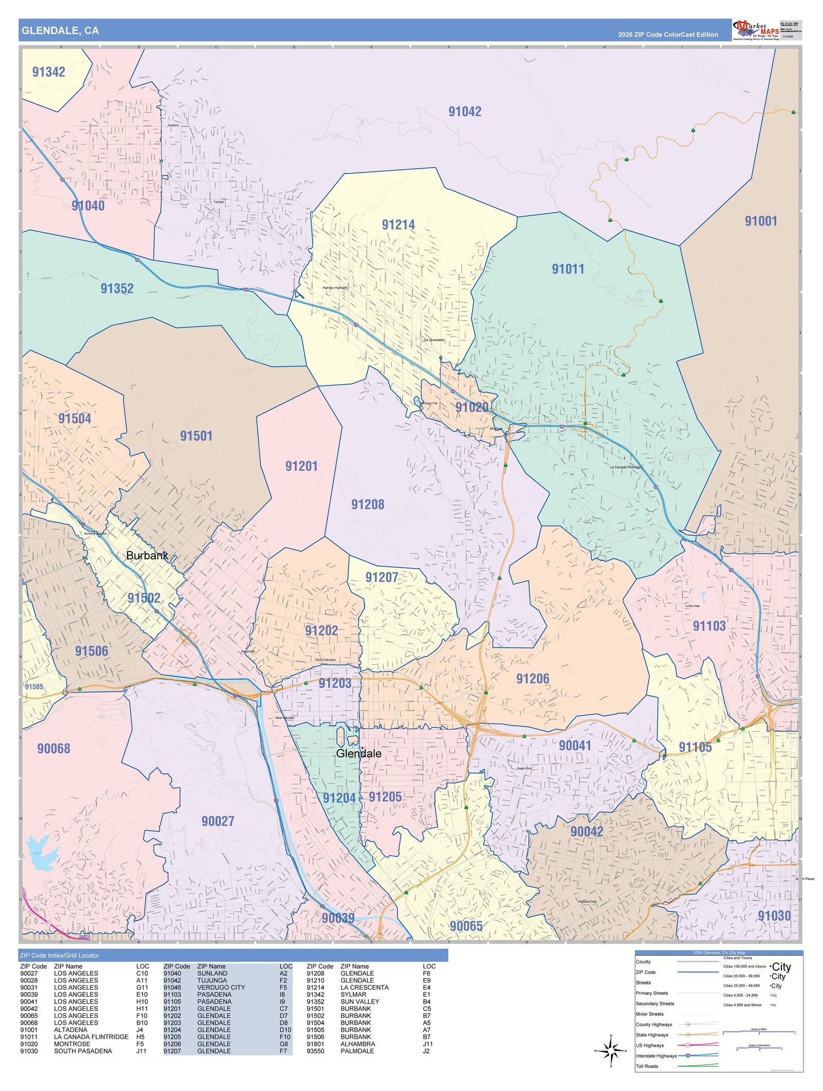 Colorcast Zip Code Style Wall Map of Glendale CA