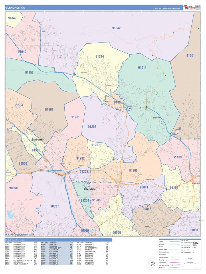Colorcast Zip Code Style Wall Map of Glendale CA