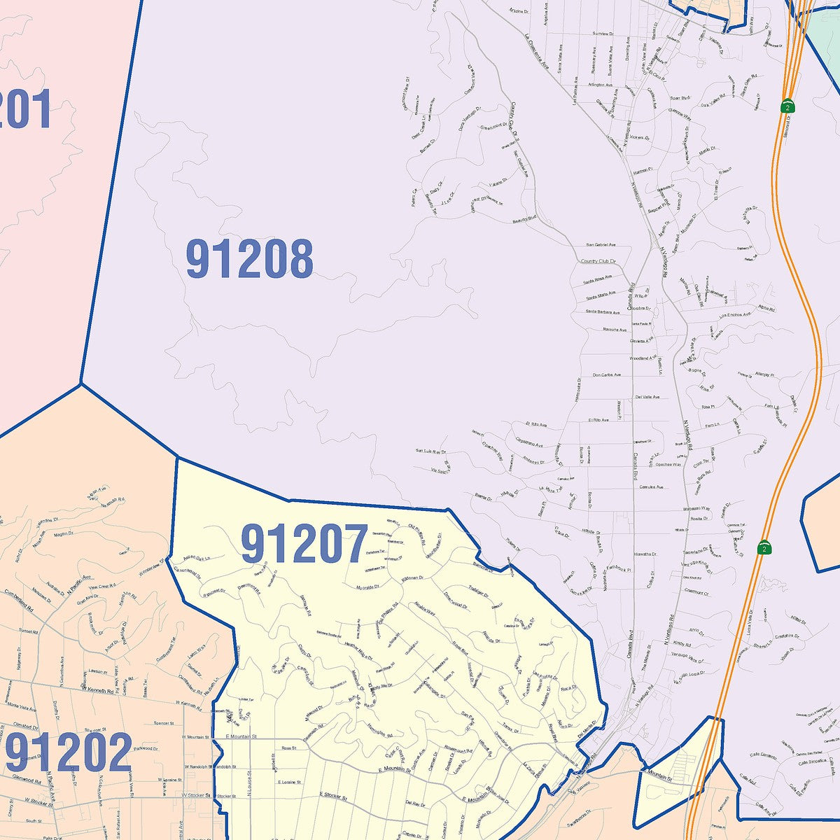 Colorcast Zip Code Style Wall Map of Glendale CA