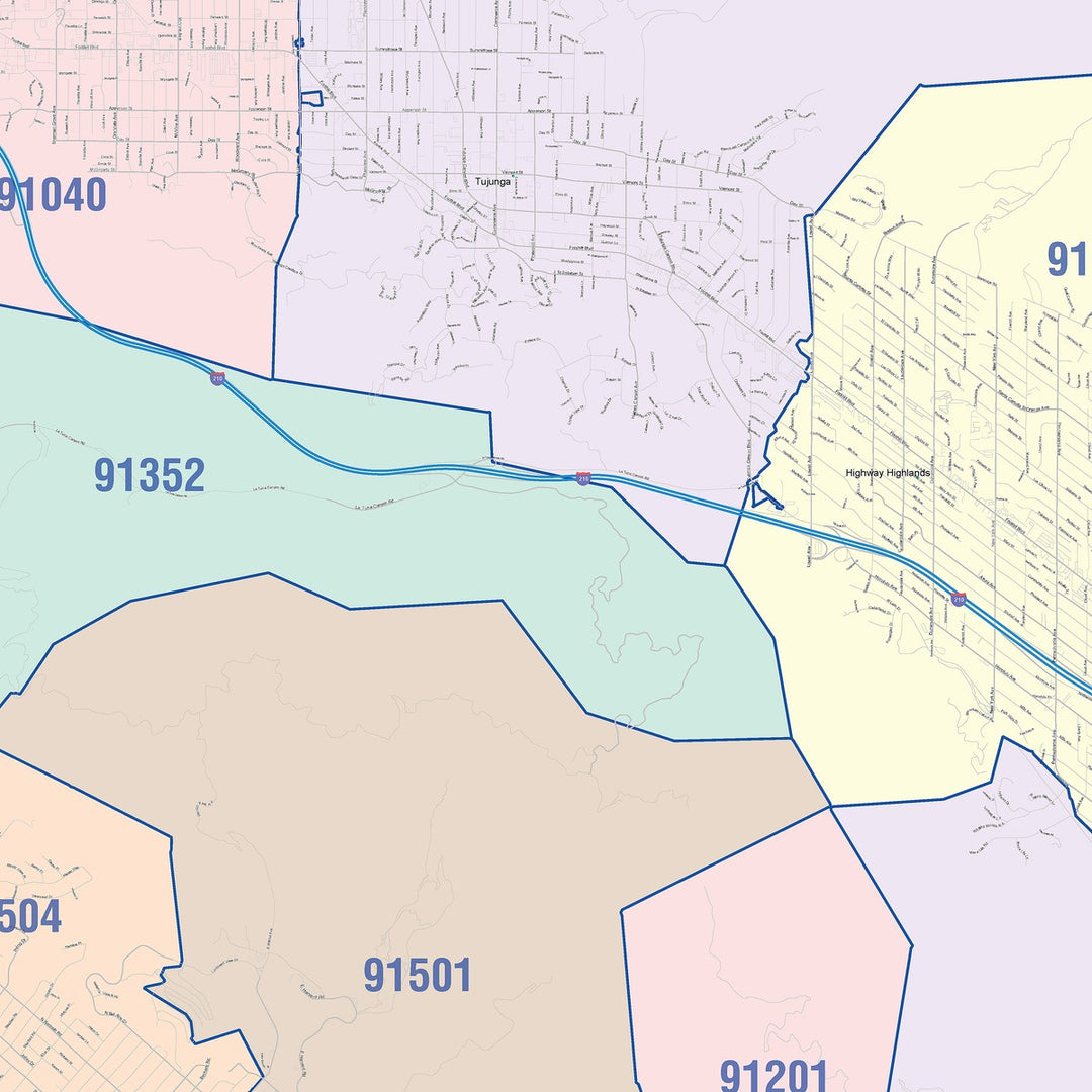 Colorcast Zip Code Style Wall Map of Glendale CA