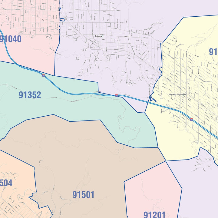 Colorcast Zip Code Style Wall Map of Glendale CA
