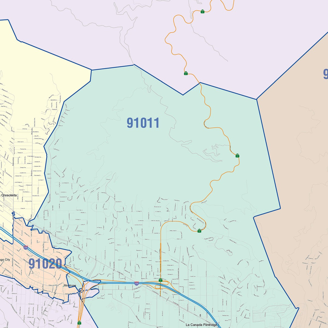Colorcast Zip Code Style Wall Map of Glendale CA