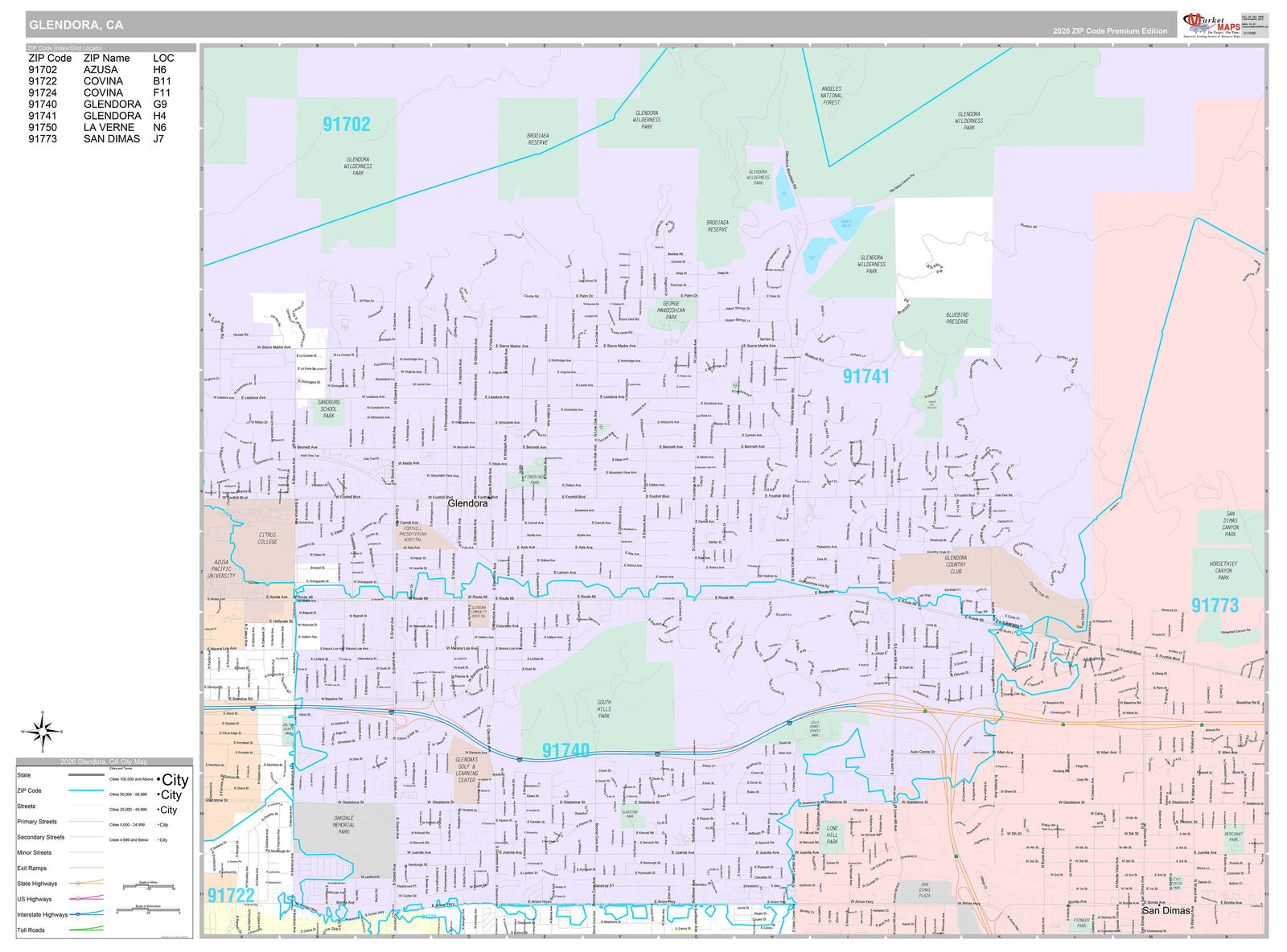 Premium Style Wall Map of Glendora, CA