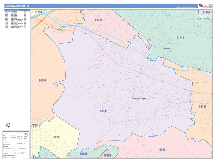 Color Cast Zip Code Style Wall Map of Hacienda Heights, CA