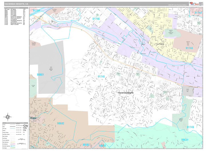 Premium Style Wall Map of Hacienda Heights, CA