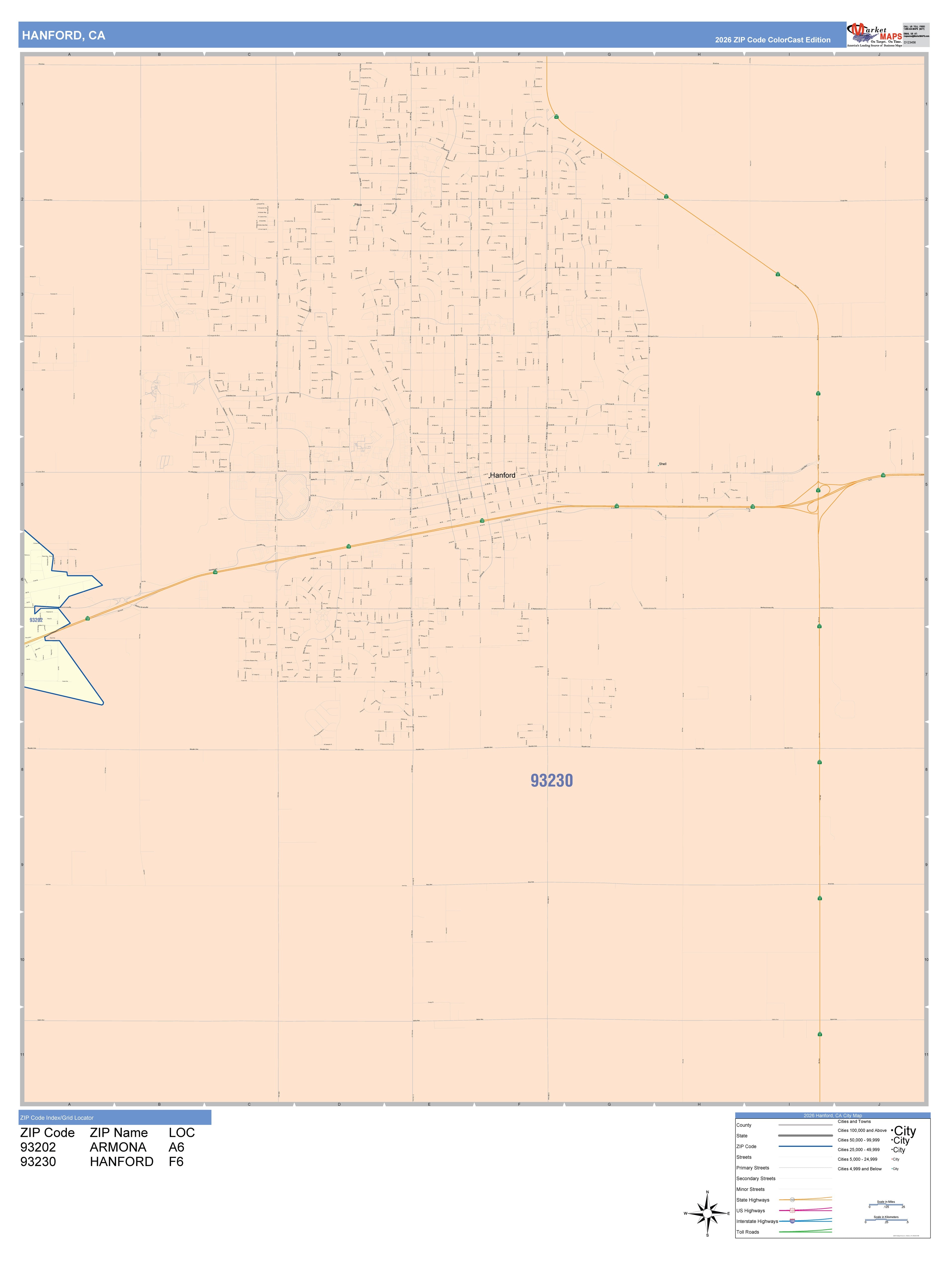 Handford Postcode Map Color Cast Zip Code Style Wall Map of Hanford, CA – American Map Store