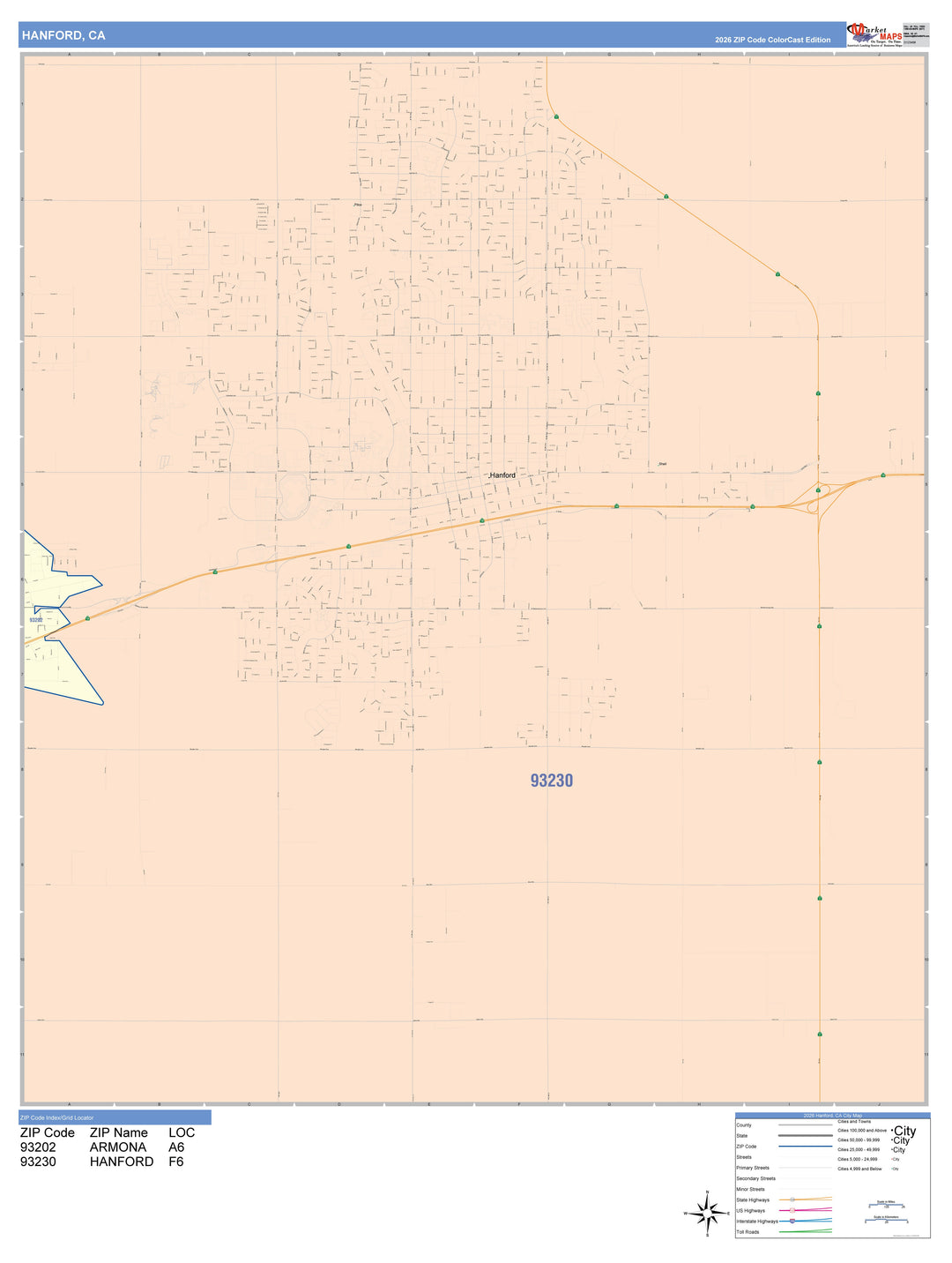 Color Cast Zip Code Style Wall Map of Hanford, CA