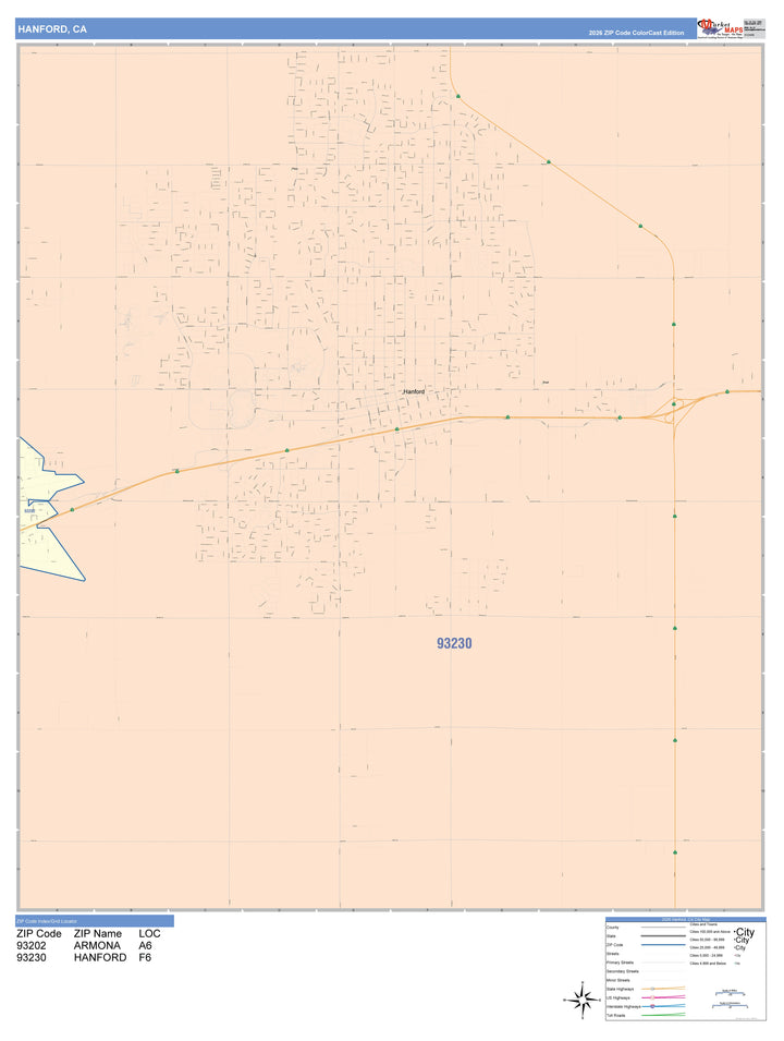 Color Cast Zip Code Style Wall Map of Hanford, CA