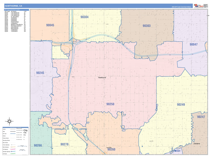 Color Cast Zip Code Style Wall Map of Hawthorne, CA