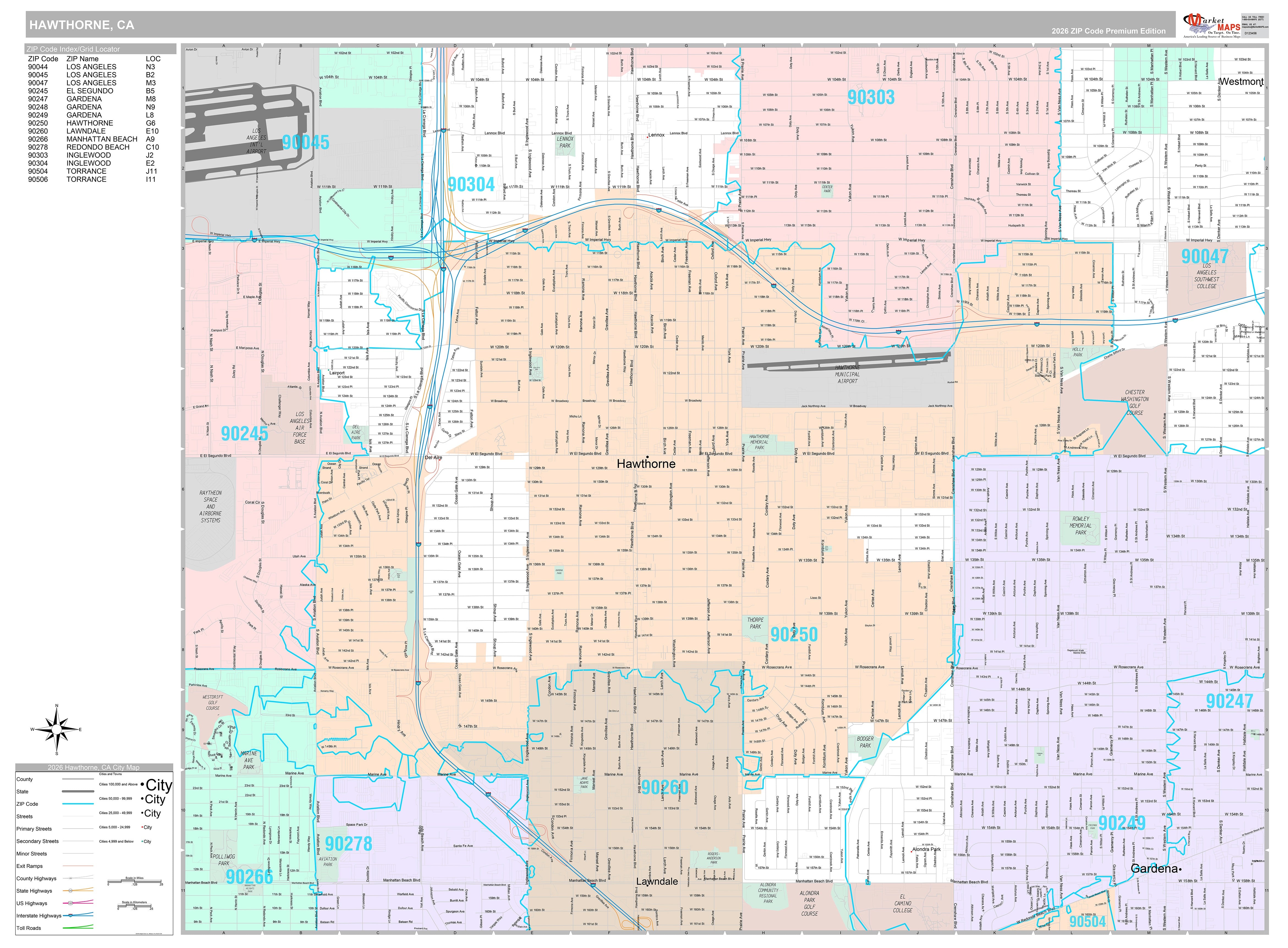 Premium Style Wall Map of Hawthorne, CA – American Map Store