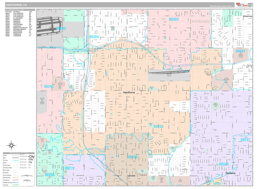 Premium Style Wall Map of Hawthorne, CA